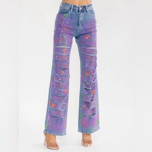091 • Paint-Splatter High-Waist Ripped Jeans